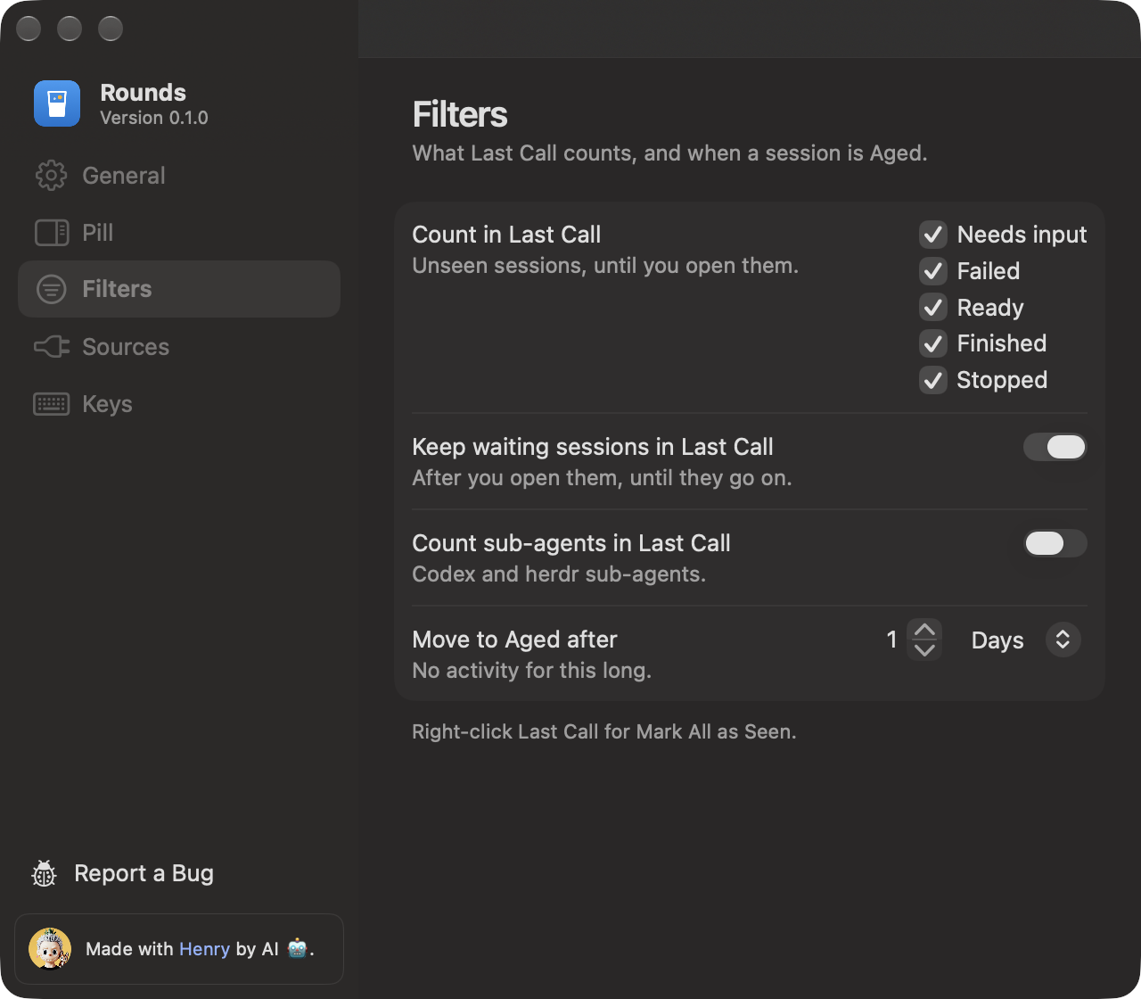 The Filters page in Settings