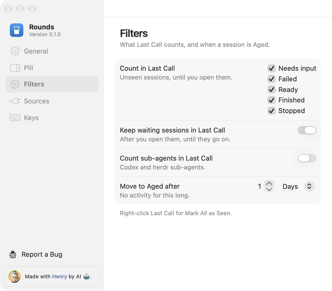 The Filters page in Settings