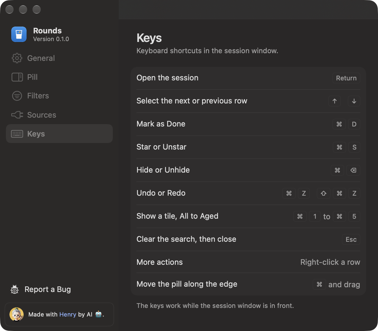 The Keys page in Settings