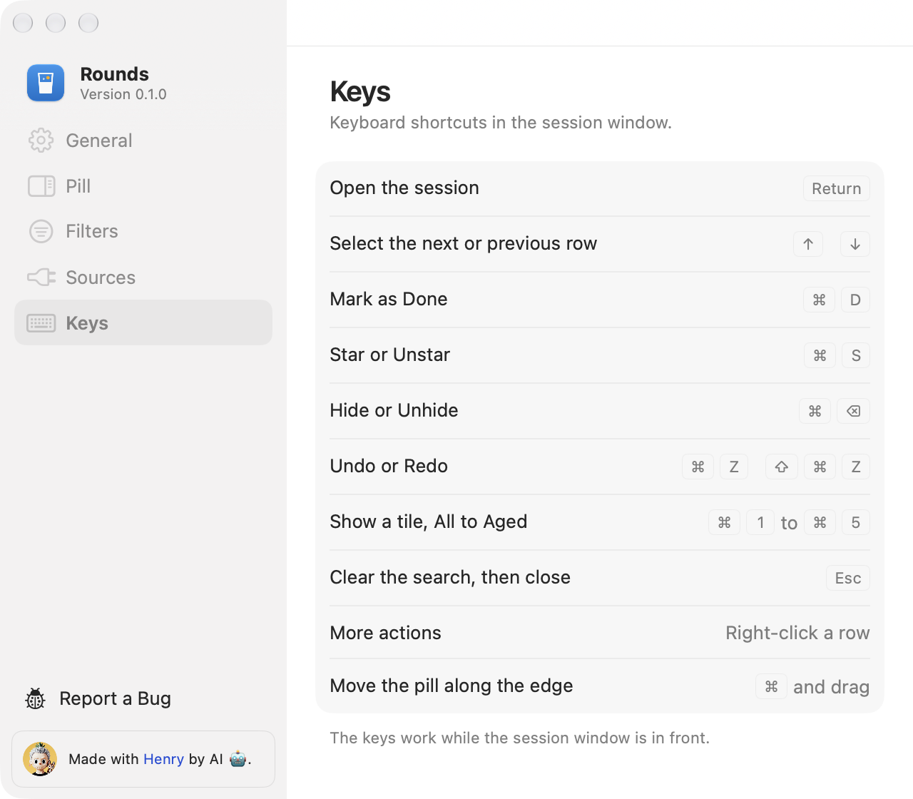 The Keys page in Settings