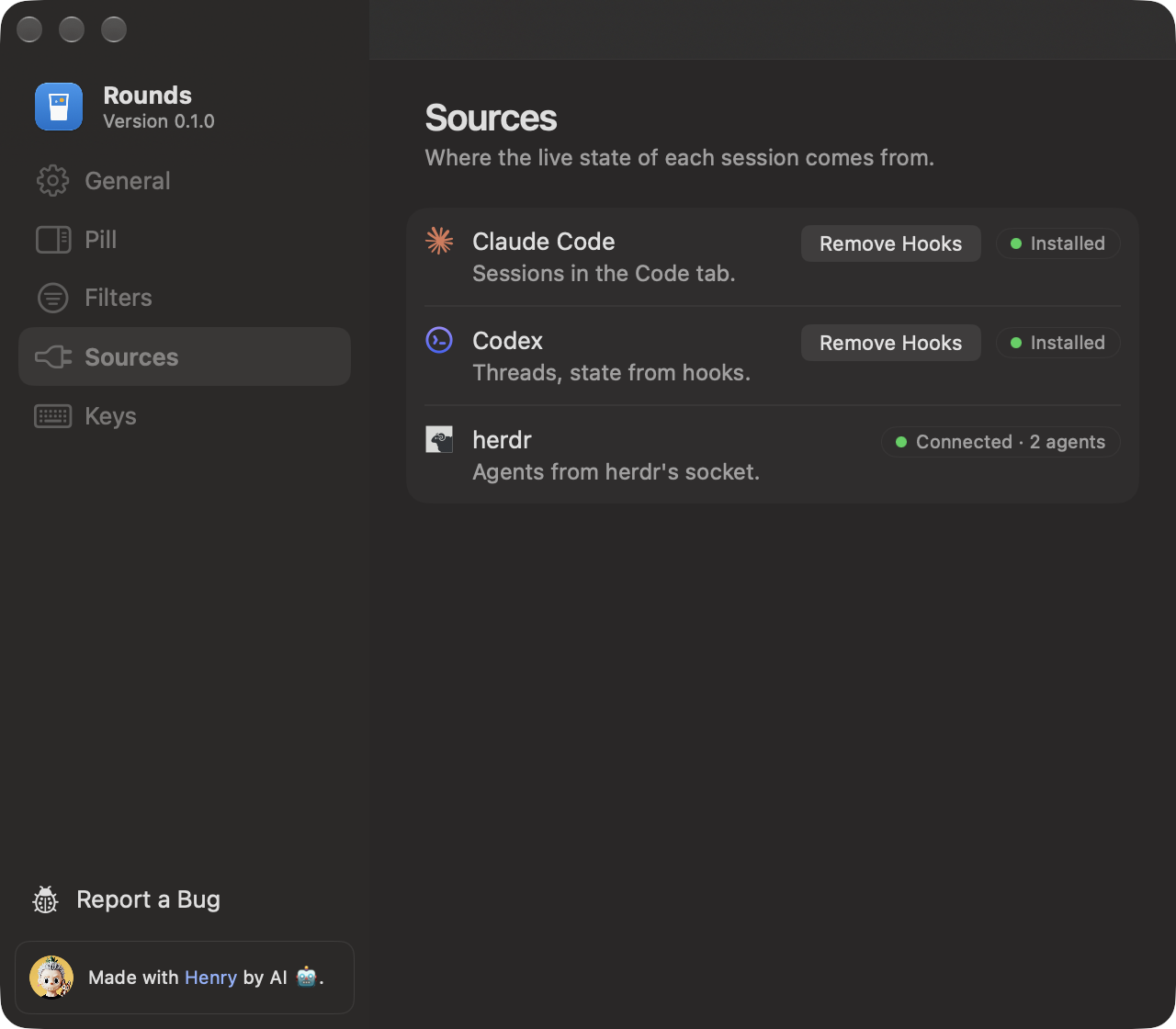 The Sources page in Settings