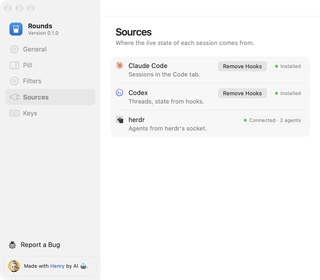 The Sources page in Settings