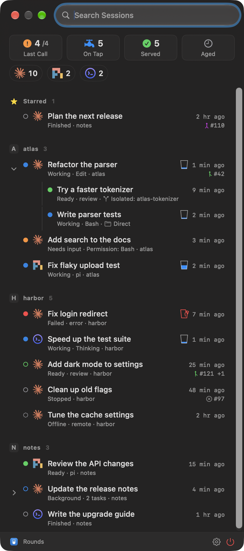 The Rounds session window with sessions in a list