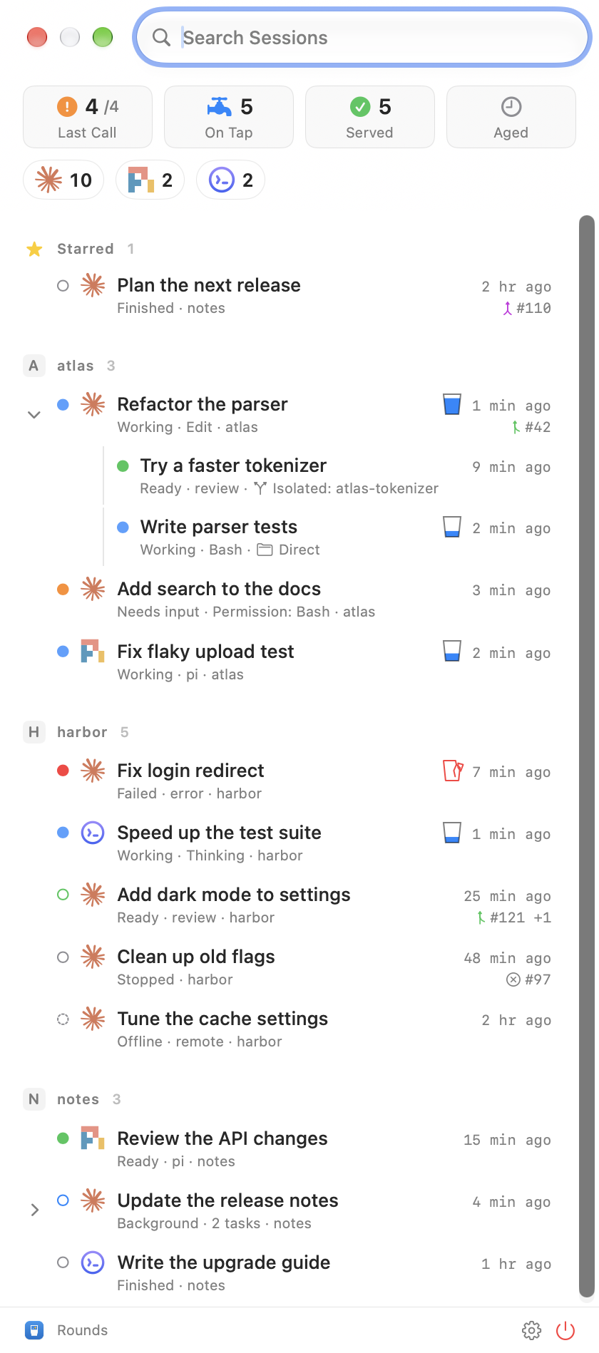The Rounds session window with sessions in a list
